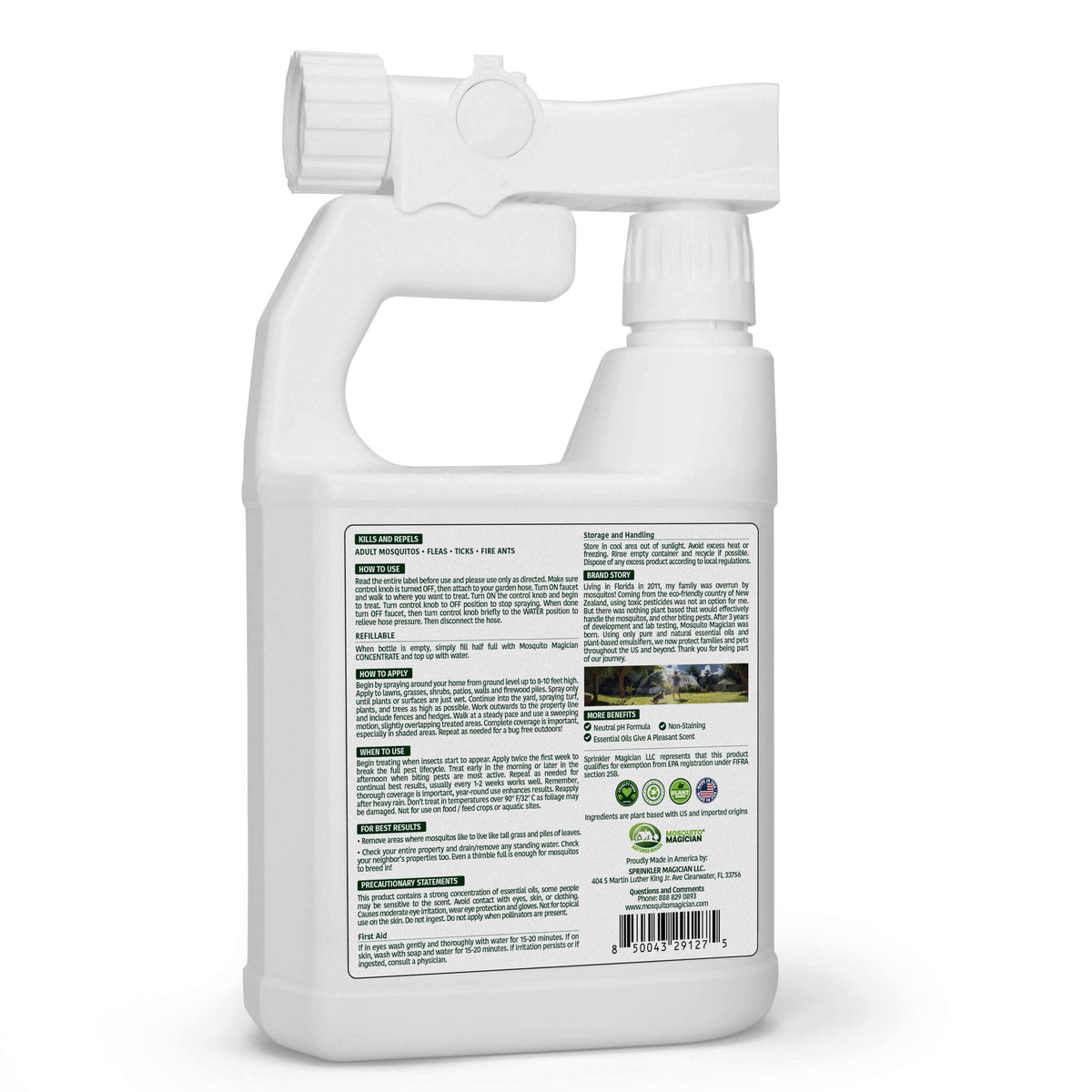 Mosquito Magician Ready to Use Hose Sprayer - Holds 32 Fl Oz of Liquid - Refillable - Kills Mosquitoes, Fleas, and Fire Ants - for Yards, Lawns, Patios - with Essential Oils - Mint