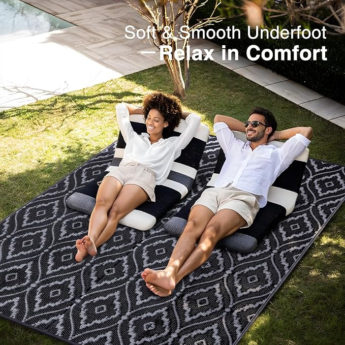 OLANLY Outdoor Rug 9x12 ft Waterproof, Outdoor Plastic Straw Rug with Geometric Pattern Clearance, Reversible RV Mat for Patio, Camping, Balcony, Deck, Backyard, Black & Grey