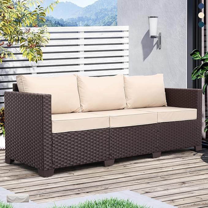 Patio Furniture 3-seat Sofa Wicker Outdoor Furniture Outdoor Couch Deep Seat Hight Backrest Non-Slip Cushions, Khaki