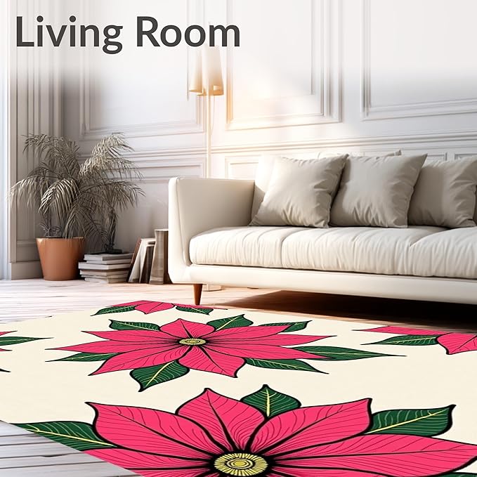 Flatwoven High Traffic Area Rug 6x9, Holiday Poinsettia Bathroom Festive Winter Floral Shower Curtain, Non Slip, Stain Resistant, Washable Area Rugs for Living Room, Bedroom (Pink, 6x9)