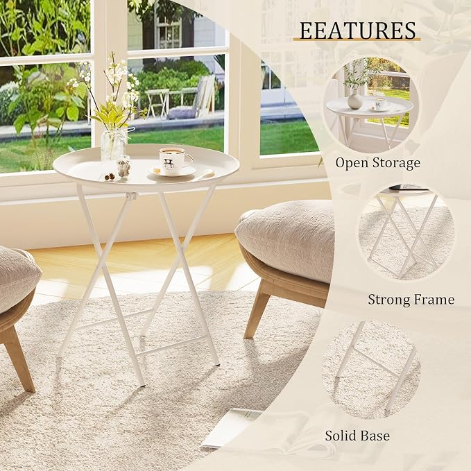 Garden 4 you Folding TV Tray Table, Metal Round Side Table, White Dinner Table with Metal Frame, Modern Outdoor Tray Table for Living Room, Bedroom, Patio & Small Spaces, 1 Pack