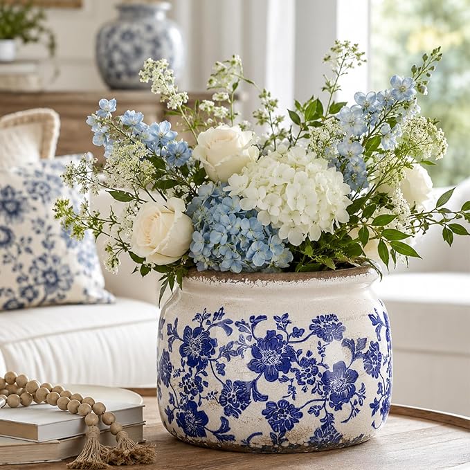 7.7" Large Vintage Ceramic Plant Pot Blue White Farmhouse Rose Crackle Glaze Rustic Flowers Planter Pot with Drainage for Indoor Outdoor Plants Kitchen Office Shelf Home Decor Gift