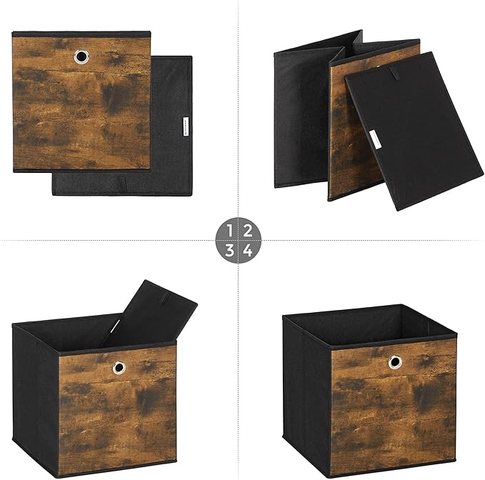 SONGMICS Storage Cubes, Set of 6 Storage Bins with Handles, Foldable Oxford Fabric and Non-Woven Fabric Storage Boxes, 11.8 x 11.8 x 11.8 Inches, Rustic Brown and Black URFB102B01