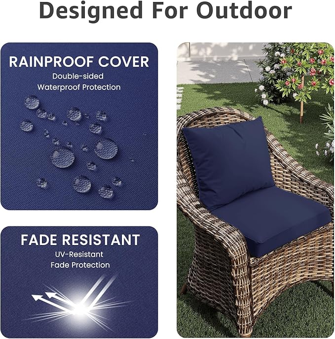PatioGlow Outdoor Chair Cushions 19 x 19 x 3 Inch, Waterproof & Fade Resistant Patio Seat Cushion for Furniture with Handle and Ties, Thick Seating Pads for Outside Sofa Couch Set of 2, Dark Blue