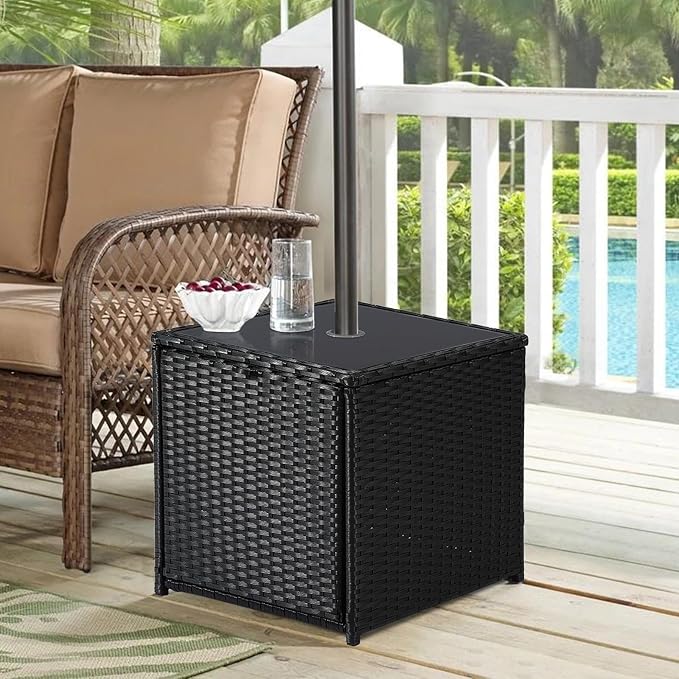SUNNYPARK Outdoor Umbrella Side Table with 2 Weight Bags, 2-in-1 Patio Table with Umbrella Hole, All-Weather Handwoven PE Rattan Umbrella Base Stand for Deck Yard Garden Balcony Poolside