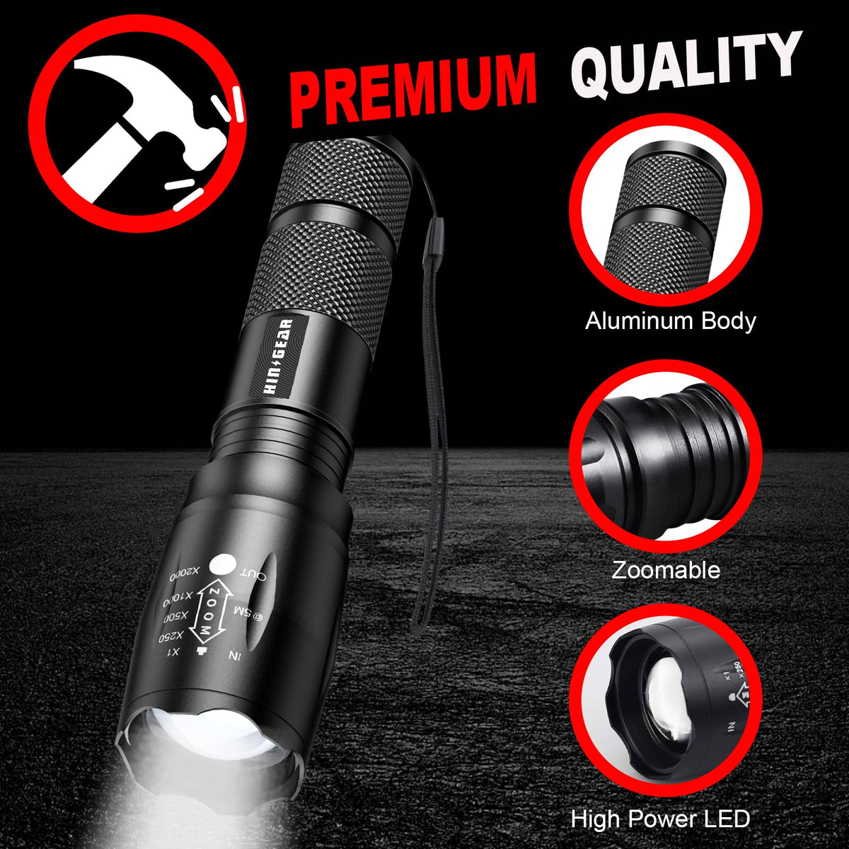 HinsGEAR 1 Mode Flashlights 10 Pack, Bright Zoomable LED Tactical Flashlight High Lumens, Water Resistant Portable Pocket Flash Light for Emergency, Camping Essentials, Gift - SL2000