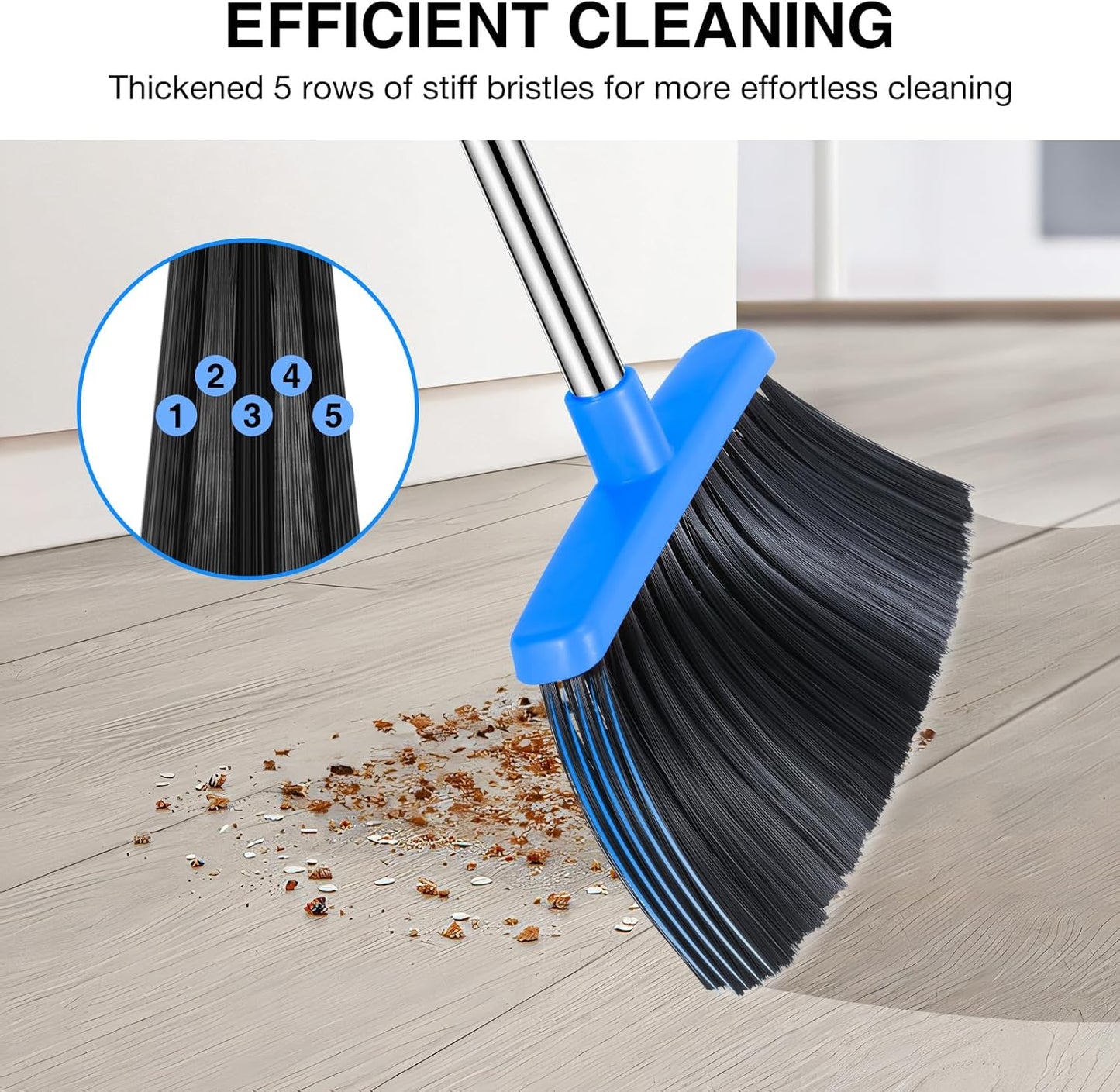 Broom and Dustpan Set, 52-in Long Adjustable Handle Broom Dustpan Combo with Dust pan Teeth to Automatically Clean Hair Suitable for Home Kitchen Office Hall Floor (Black&Blue), 4 Pack