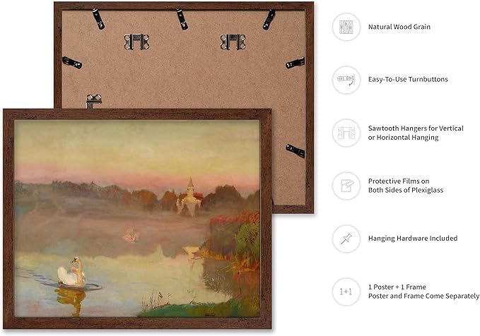 Poster Master Vintage Pond in Radziejowice Poster - Retro Swan Print - Lake Art - Landscape Art - Farmhouse Art - Animal Lover Art - Aesthetic Living Room or Office Decor, 11x14 Brown Framed