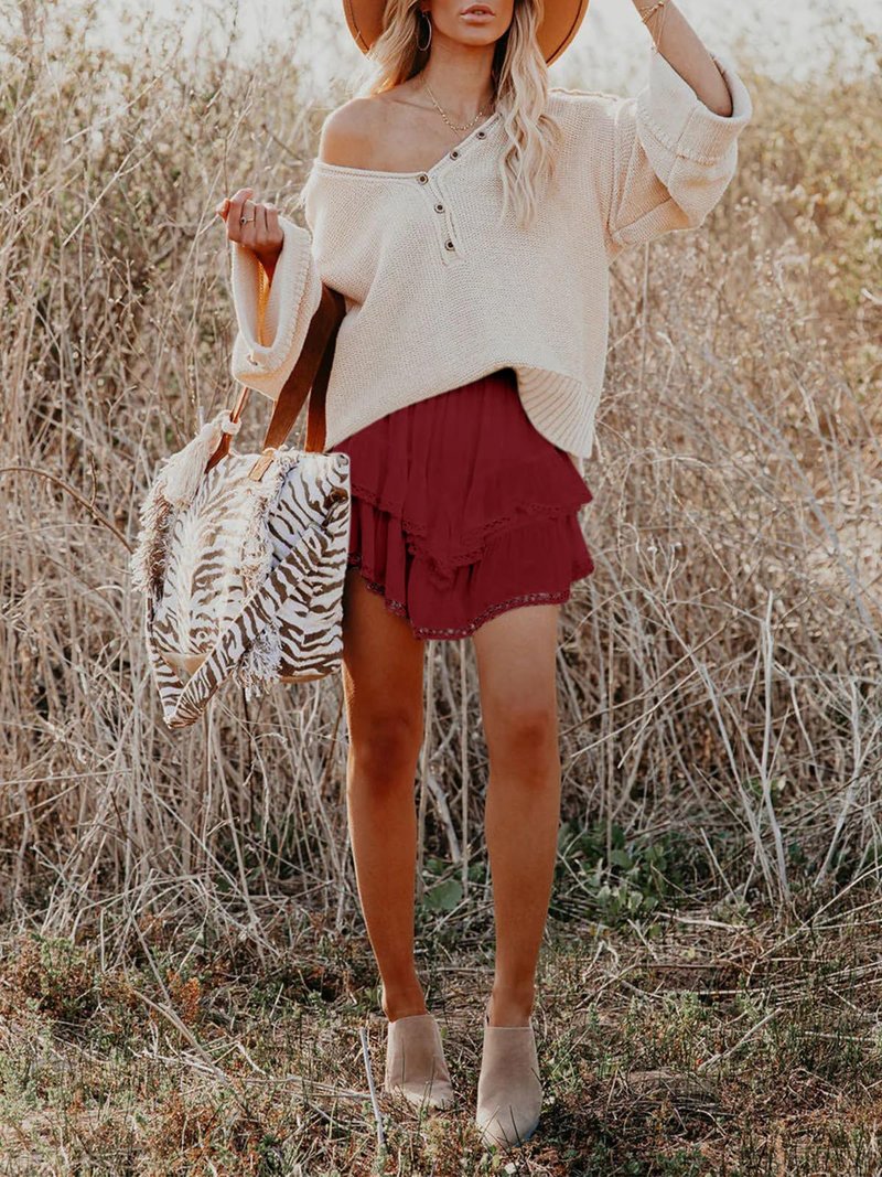 Aoudery Flowy Shorts for Women Casual Boho Ruffle Tiered Skorts High Waist Mini Skirts Golf Tennis Butterfly Crochet Shorts - Red XS