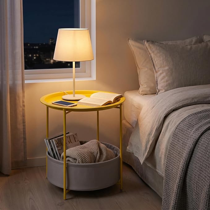 VECELO Round Side/End Table with Fabric Storage Basket，Metal Anti-Rust and Waterproof Small Bedside Nightstand with Removable Tray Top for Living Room，Balcony & Laundry，Yellow /1pcs with Basket