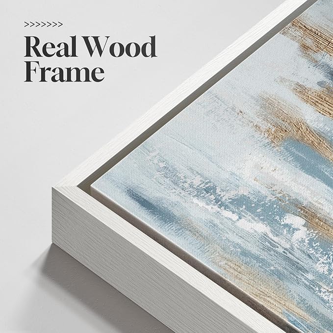 Large White Framed Blue and Gold Abstract Canvas Wall Art