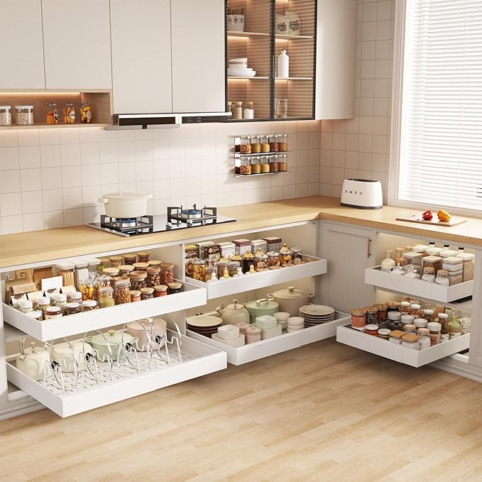 4 Pack Pull out Cabinet Organizer 21" Deep With Raising Pad for Framed Cabinets,Expandable (15.2"-26.3"W) Slide out Drawers for Kitchen Cabinets with 4pcs Divider Racks,Roll out Shelves,White