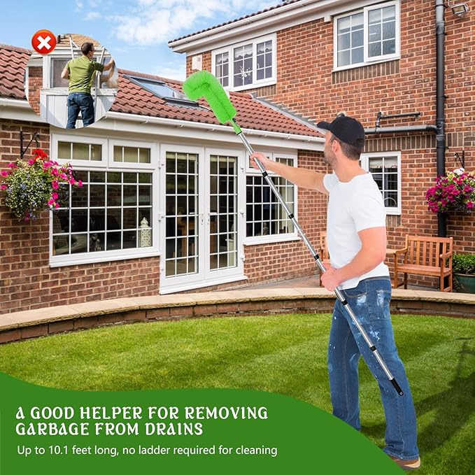 Gutter Cleaning Brush Extendable Guard Cleaner Tool with 8 Pcs Telescoping Handle Extension Pole 10ft, Gutter Cleaning Tools from The Ground for Easy Removing Leaves Debris Window Cleaner (Green)