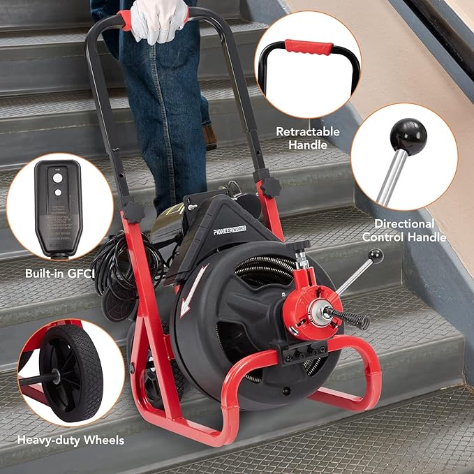 75Ft x 1/2 Inch Drain Cleaner Machine, Electric Drain Snake with 6 Cutters Gloves, Electric Drain Clog Remover Plumbing Tool for 2 to 4 in Pipes, Auto Feed Sewer Snake Auger Drain Auger Cleaner