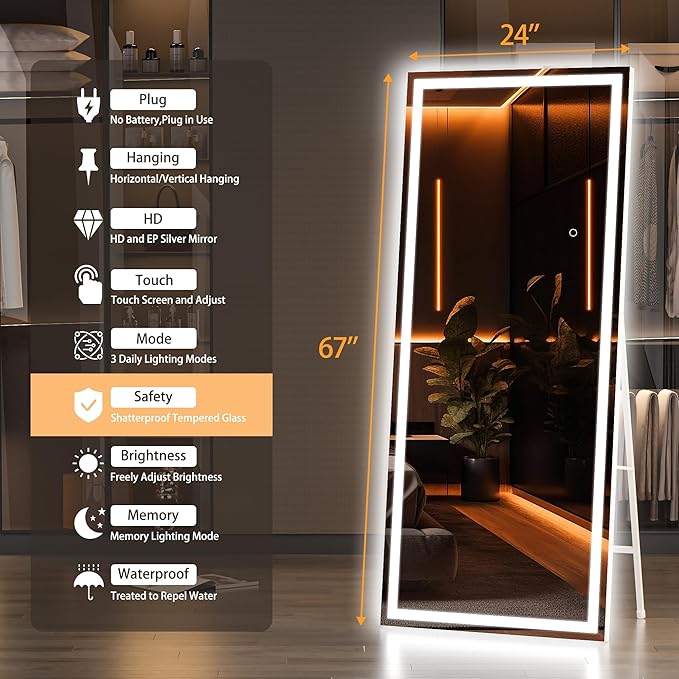 Hasipu Full Length Mirror with Lights, Full Body Dressing Hanging Mounted Mirror