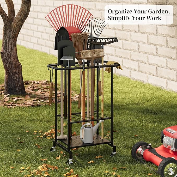 Garden Tool Organizer with Wheels, Yard Tool Rack Heavy Duty Steel Tool Organizer and Storage Holder Broom Holder for Garage, Shed, Patio, Indoor/Outdoor