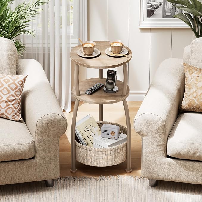Small Side Table with Storage Basket, Space Saving Round End Table 3-Tier Bedside Corner Stand for Living Room, Bedroom, Garden and More 11.81in Light Oak