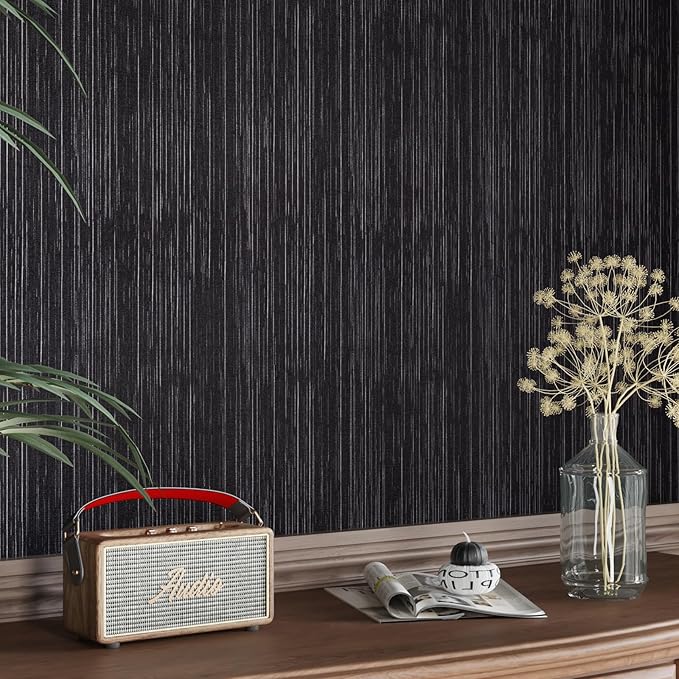 CRE8TIVE Black Grasscloth Wallpaper Peel and Stick Textured Black Wallpaper