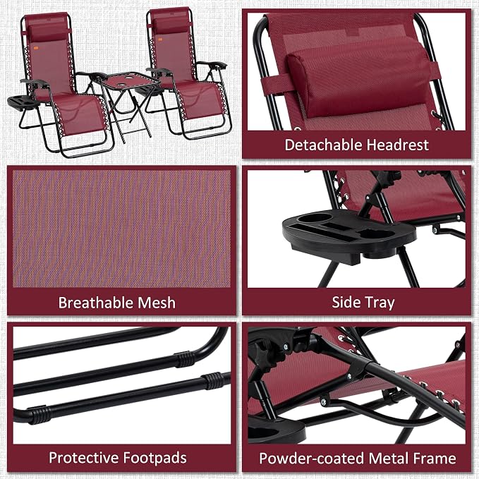 Outsunny Zero Gravity Chair Set with Side Table, Folding Reclining Chair with Cupholders & Pillows, Adjustable Lounge Chairs for Pool, Backyard, Lawn, Beach, Wine Red