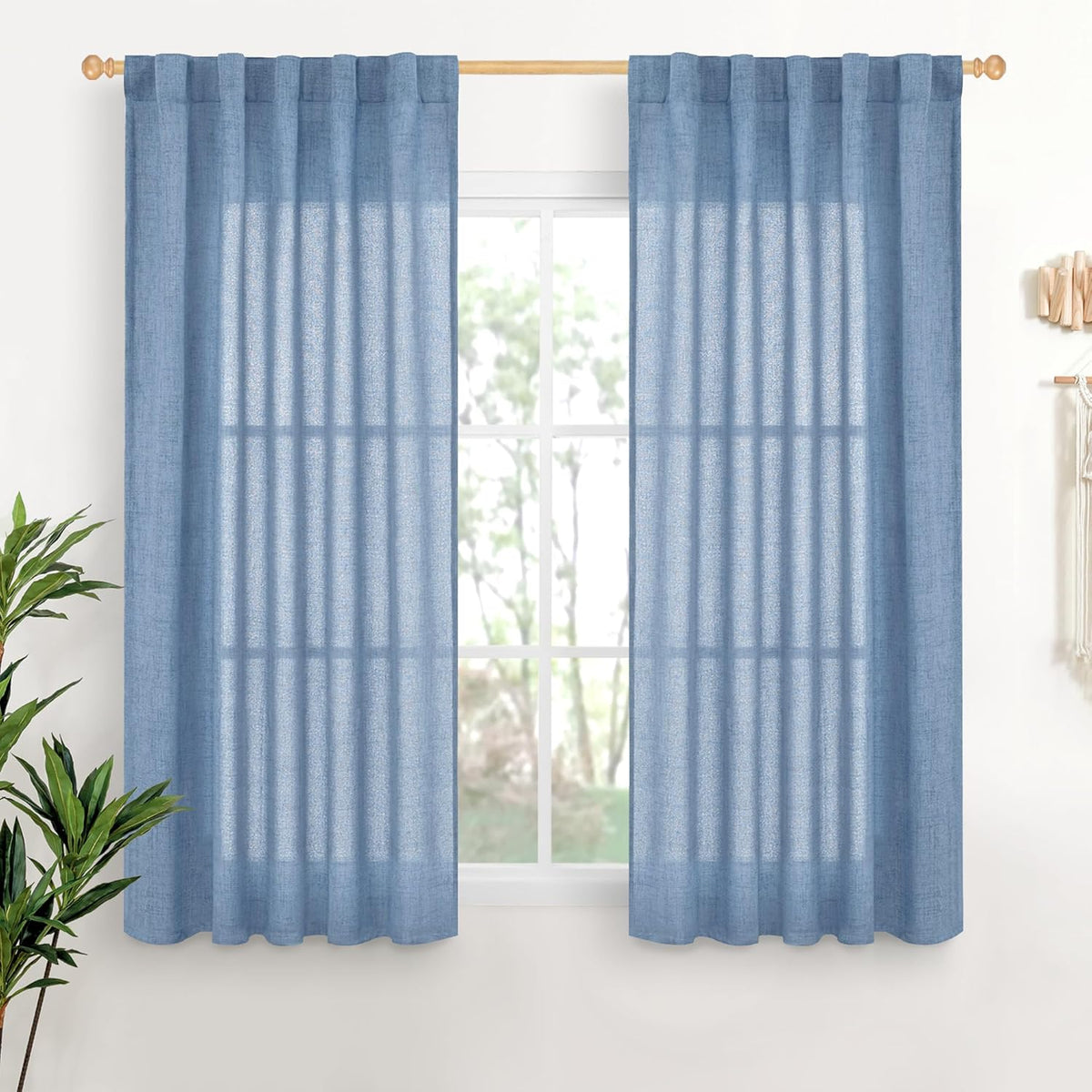 YoungsTex Denim Blue Linen Curtains 48 Inch Length for Short Kitchen Window, Semi Sheer Drapes Light Filtering with Rod Pocket Back Tab for Bathroom Living Room, 2 Panels, 42 X 48 Inch