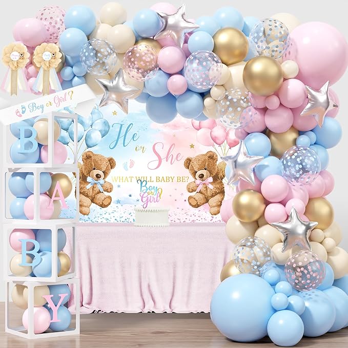Bear Gender Reveal Decorations, He or She Baby Gender Reveal Party Decoration, Boy or Girl Bear Theme Party Supplies, Backdrop BABY-Box Tablecloth Mom to Be Sash Dad to Be Pin Balloon Arch