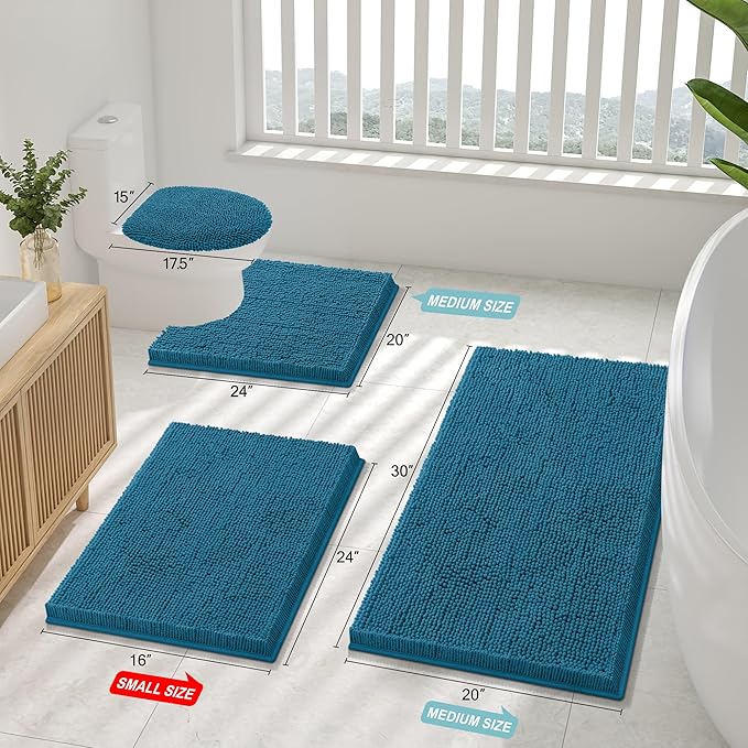 Smiry Luxury Chenille Bathroom Rugs 34x21, Extra Soft and Absorbent Shaggy Bath Mat, Machine Washable, Non-Slip Plush Carpet Runner for Tub, Shower, and Floor, Home Decor Accessories, Peacock Blue