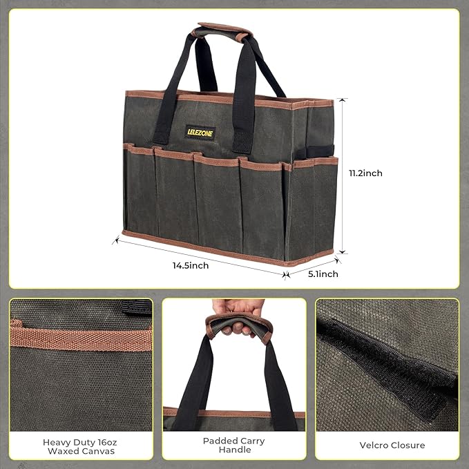 Tool Bag 16 oz. Waxed Canvas Tool Bag Large Capacity Tool Storage Tote comes with a Main Compartment and 12 Exterior Pockets for Wrenches, Scissors, Hammers or a set of Garden Tools and More ArmyGreen