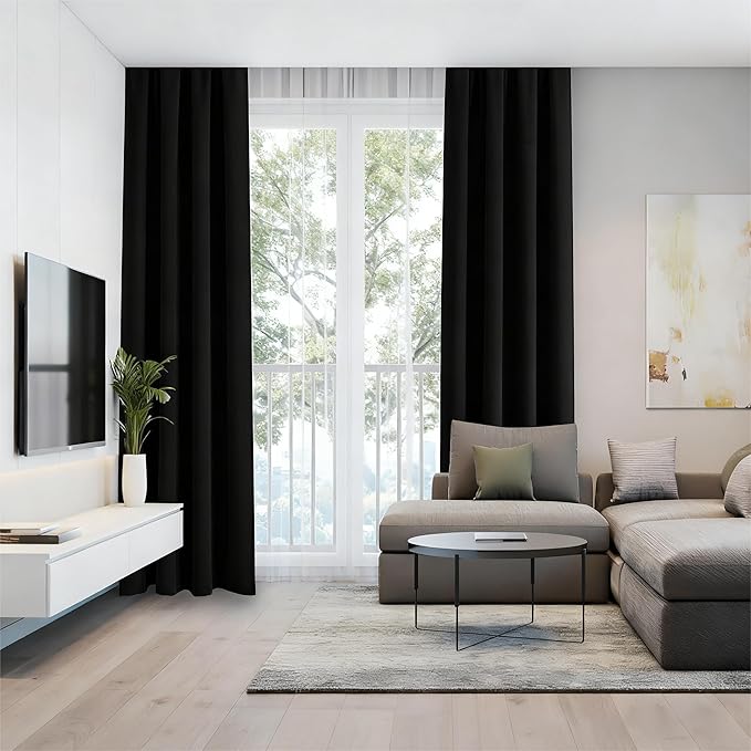 IGEMAEVE Black Blackout Curtains 90 Inch Length 2 Panels Set, Rod Pocket Energy