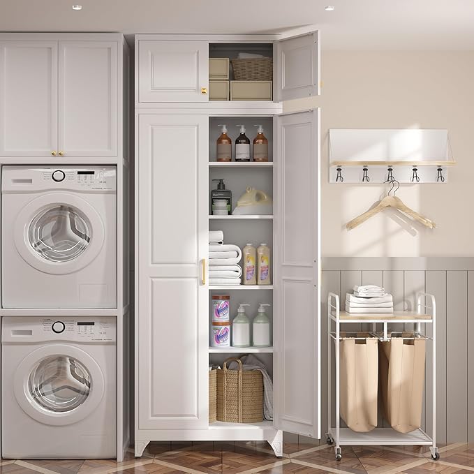 Steeloong90“ Kitchen Pantry Cabinet,Metal Storage Cabinets with Doors and 4 Adjustable Shelves,White Kitchen Cabinet with 2 Gold Handles,Tall Cabinet for Livingroom,Pantry, Bathroom