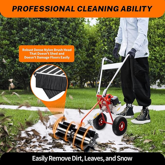 43CC 1.7 HP Gas Power Brush Broom Sweeper Driveway Turf Grass Snow Cleaning Tool，for Cleaning Driveway Farms Parks Turf