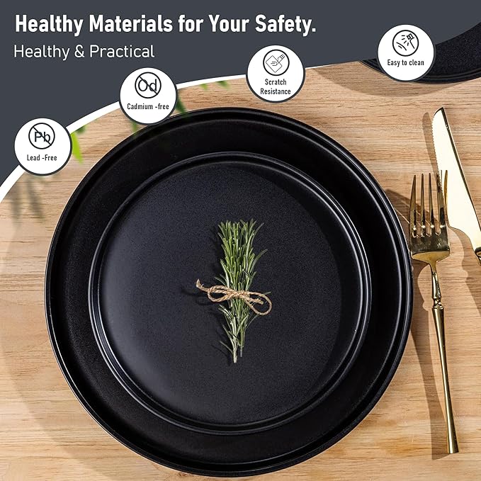 GBhome Ceramic Dinnerware Sets for 6, Matte Stoneware Plates and Bowls Sets,Chip and Scratch Resistant Dishes, Dishwasher & Microwave Safe, Oven safe,Reactive Glaze-Black