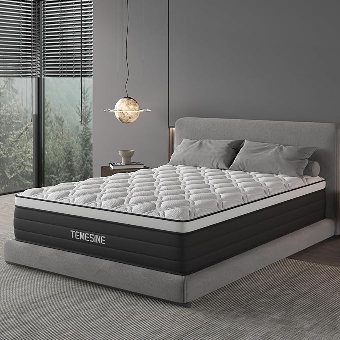 King Size Mattress, 10 Inch Hybrid Mattress in a Box with Individual Pocket Spring, Gel Memory Foam and Euro Top, Medium Firm Feel with Motion Isolation, Pressure Relief, Edge Support,Black