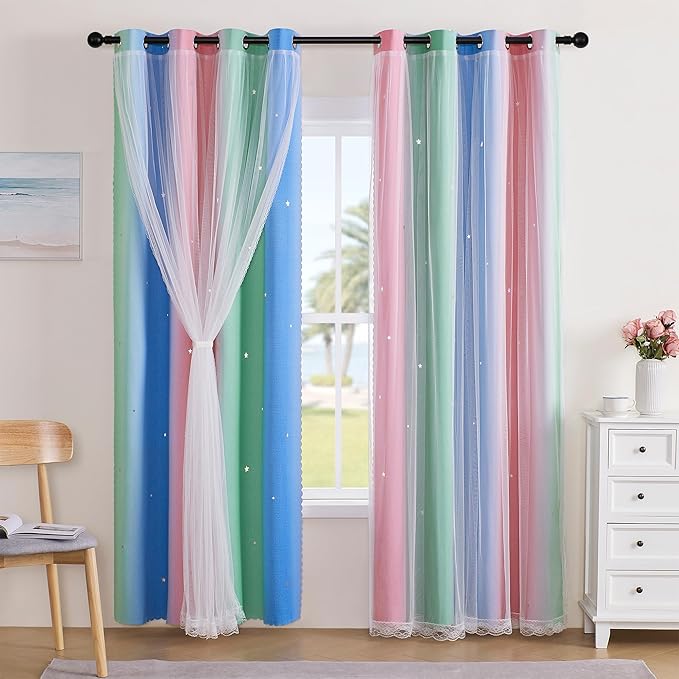 XiDi Curtains for Bedroom Decor, Rainbow Pink GreenBlue52/96/1