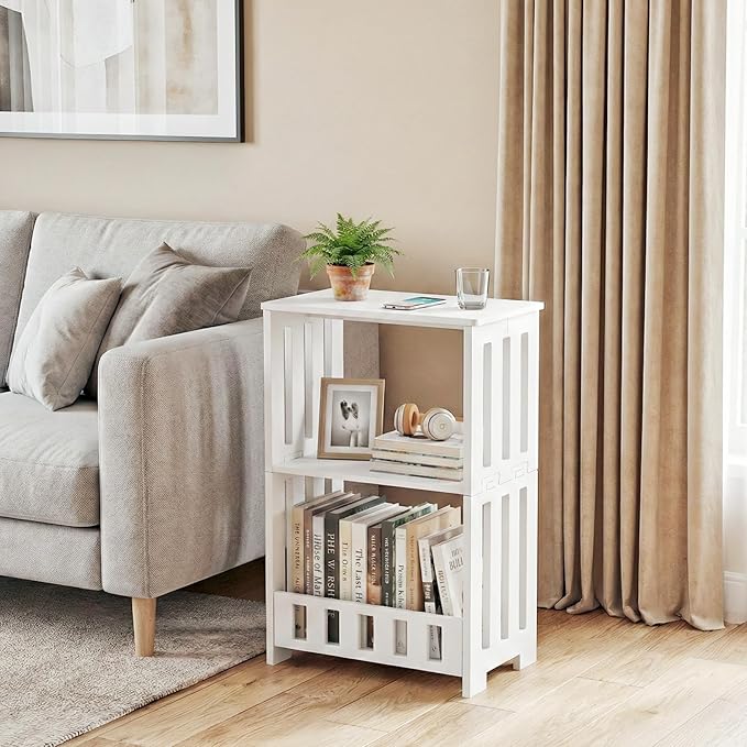 3 Tier Side Table Night Stand, Narrow End Table with Display Shelf, Small Bookcase Bookshelf, Simple Bedside Table Storage Rack for Bedroom, Living Room, Office, Bathroom, White