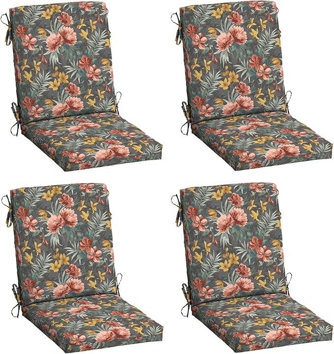 Arden 4-Pack Outdoor Patio Dining Chair Cushion, 20x44, Rain-Proof Seat Pad, Fade-Resistant Outdoor Cushion Phoebe Grey Floral