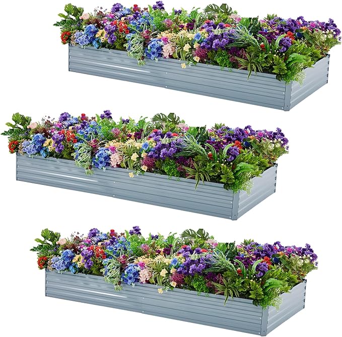 Meberam 3 Pack 6x3x1FT Galvanized Raised Garden Beds Kit Outdoor Metal Gardening Planter Box for Vegetable Elevated Flower Herbs,Gray