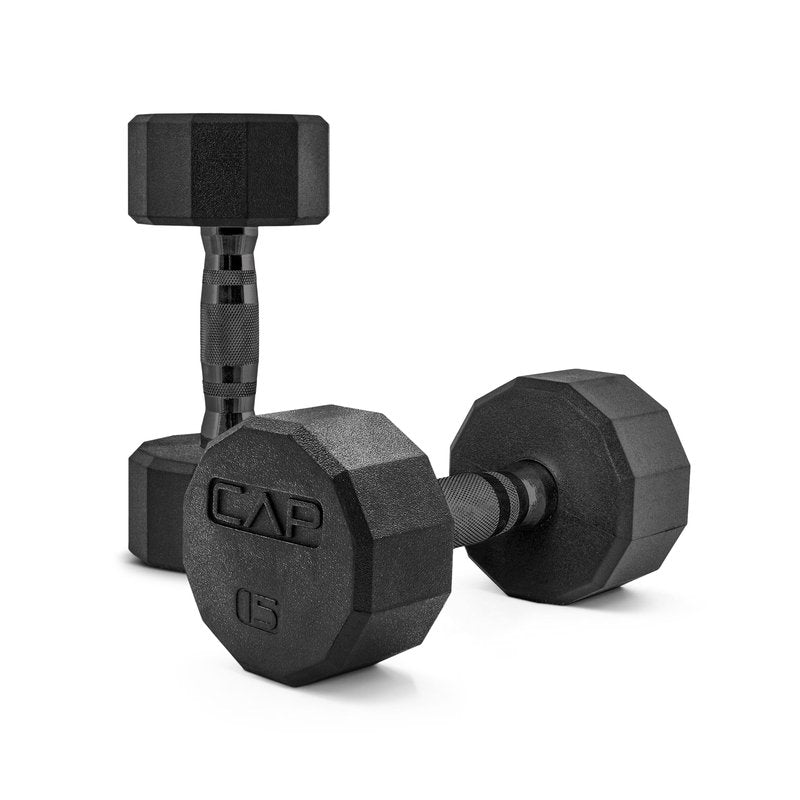 CAP 15 LB 12-Sided Rubber Coated Dumbbell Weight, Rubber Free Weights for Home Gym Strength Training, Black Oxide Handle, Pair