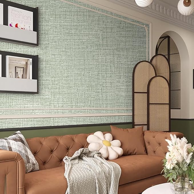 Green Grasscloth Peel and Stick Wallpaper 17.3"x480" Faux Linen Textured