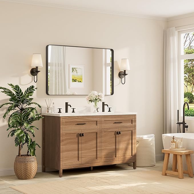 TETOTE 48 x 30 Inch Bathroom Mirror, Matte Black Modern Metal Frame Rectangle