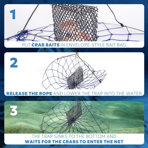 A1FISHER 2 Packs Round Castable Crab Traps Dia 24’’ with 110' Rope, PVC Mesh Bait Bag and Stainless Steel Bait Pin Kit