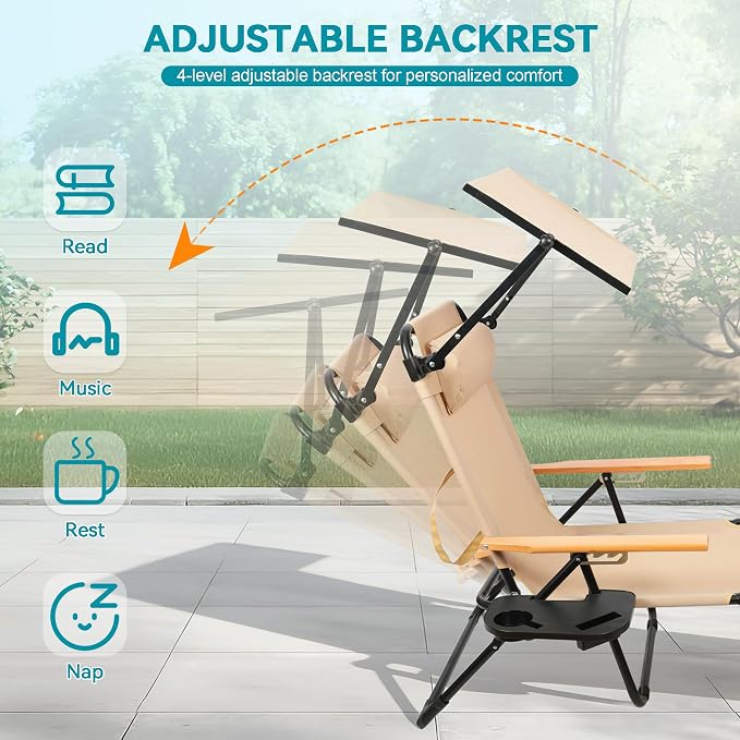 Beach Lounge Chair with Sun Shade, Folding Outdoor Chaise Lounge Chair with Arms, 4-Position Backrest, Extended Sun Tanning Chair Pillow & Cup Holder, Patio Lounger for Outside for Beach(Beige-U)