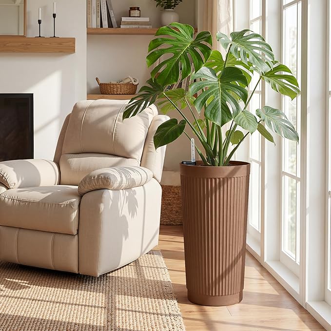 TUYOHW Set of 2 Self-Watering 24in Plastic Round Planters with Vertical Stripe Design – Indoor Outdoor Flower Pots for Plants, Herbs, Small Trees