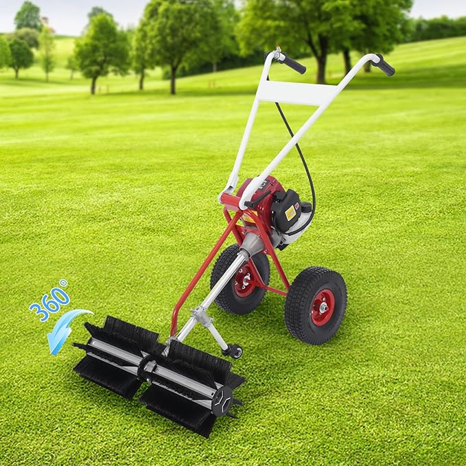 Gas Powered Walk-Behind Outdoor Lawn Brush Sweeper, 4-Stroke Gasoline Engine Lawn Sweeper, 23.62" Hand Push Sweeper Lawns Cleaning Tools for Artificial Lawns, Pathways, Driveways