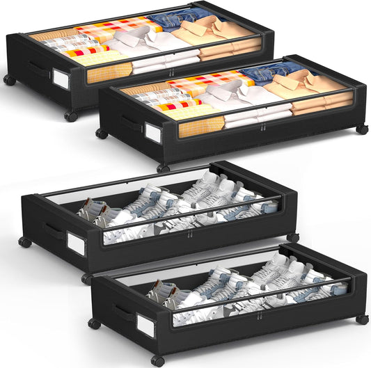 Under Bed Storage with Wheels, Square Under Bed Storage Containers, 4 Pack Under The Bed Storage Bins, 60L Under Organizer with Clear Lids, Rolling Underbed Storage For Clothes, Shoes...