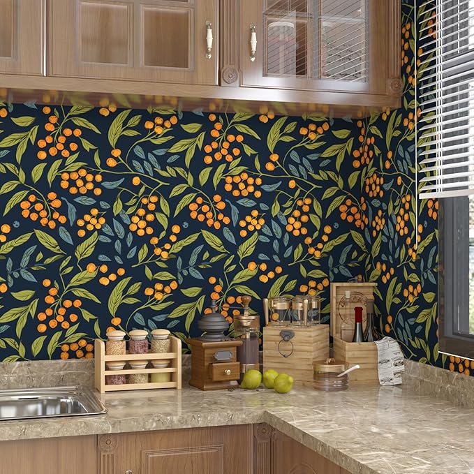 BOKEBEVE Extra Long Blue Orange Wallpaper Peel and Stick Boho Floral Contact