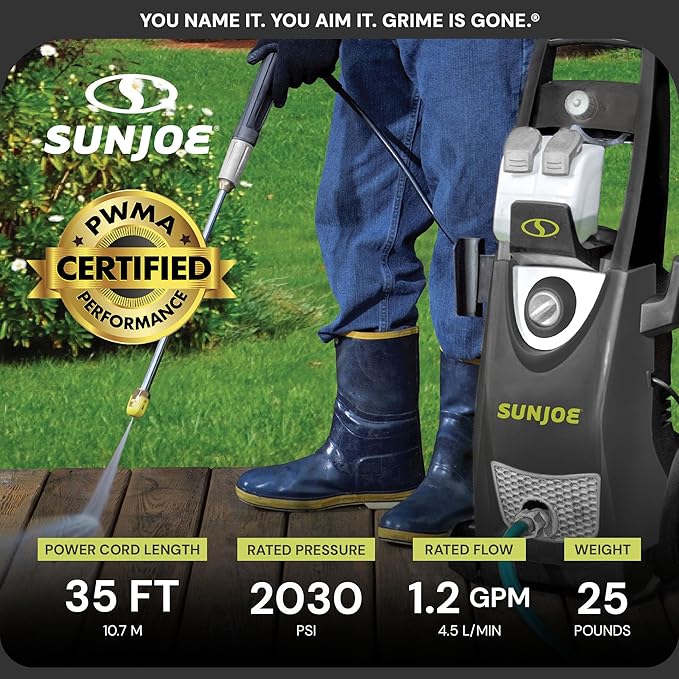Sun Joe Electric Pressure Power Washer, Heavy-Duty 2500 Max PSI (2030 PSI PWMA Rated) - Portable Cleaning and Washing Machine System for Home, Autos, Patios, Decks, & Sidewalks, SPX3000