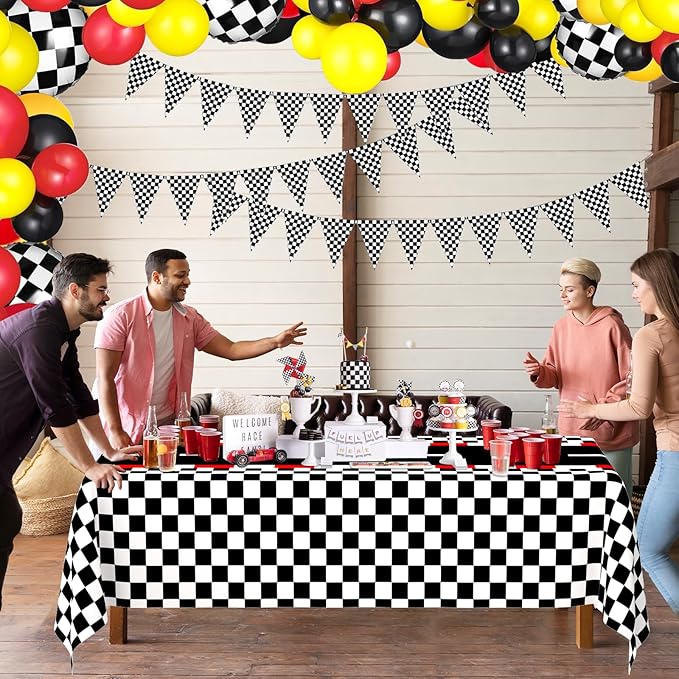 WNINK 6 Pack Race Car Table Cloth and Black White Gingham Tablecloths Disposable Plastic Buffalo Check Tablecloth Checkered Flag Covers for Birthday, Outdoor Picnic, Birthday, Camping 54 × 108 Inch