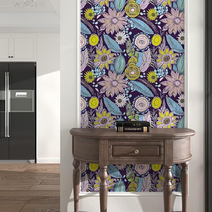 Purple Boho Wallpaper Peel and Stick, Vintage Yellow Floral Contact Paper