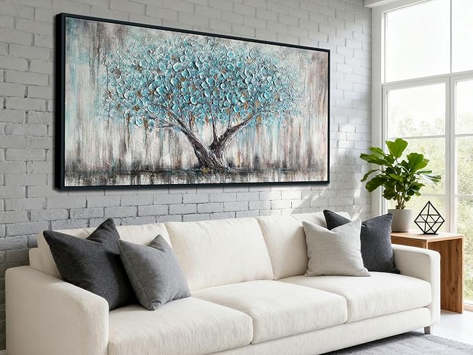 Arjun Framed Blue Tree Canvas Wall Art for Living Room Tree of Life Abstract Bedroom Textured Painting, Nature Picture Panoramic Landscape Artwork Home Office Decor, Black Wood Large 48"x24"