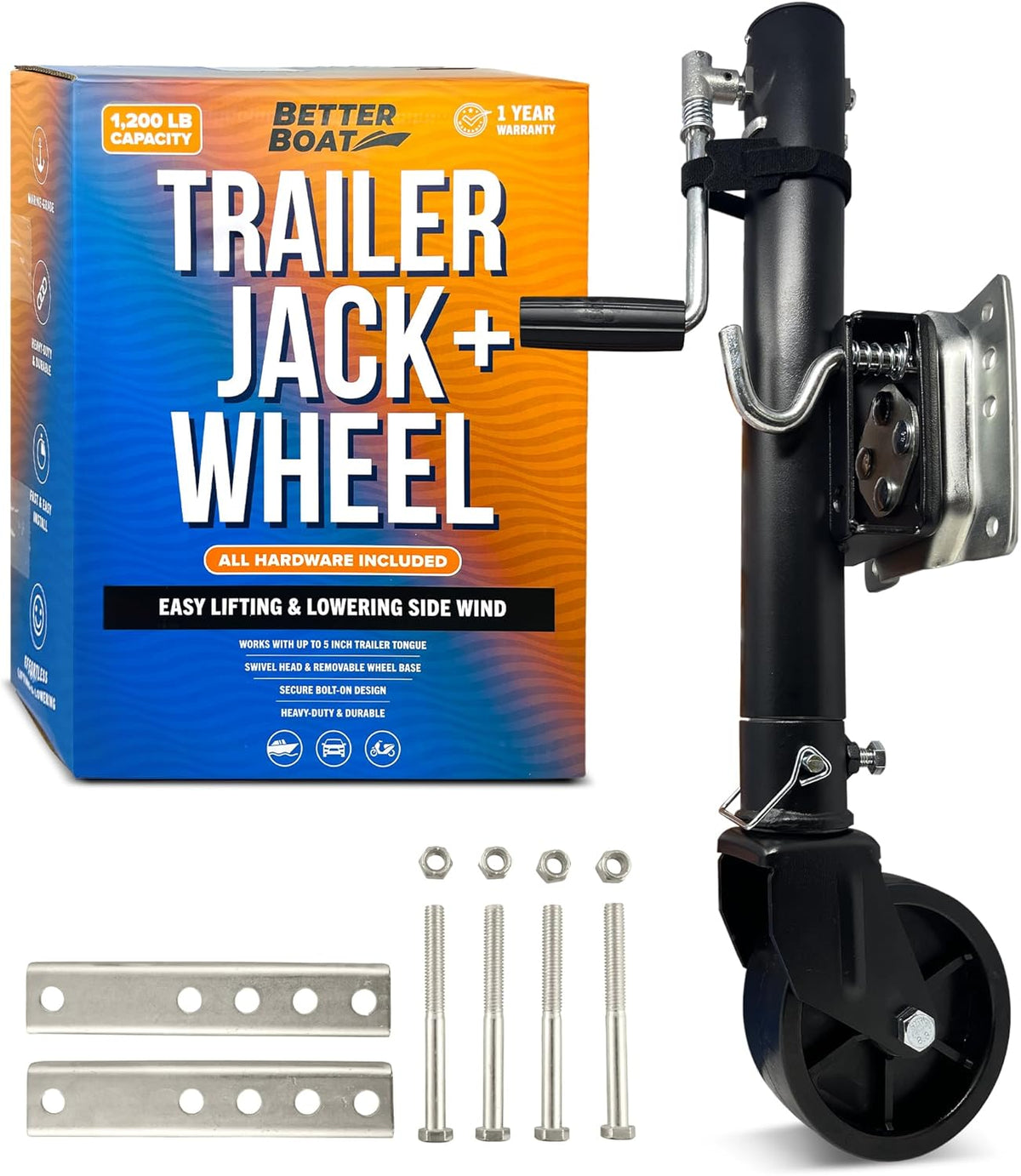 Better Boat Boat Trailer Jack - Heavy Duty Folding Tongue Jack with Wheel | 1200 lb Capacity